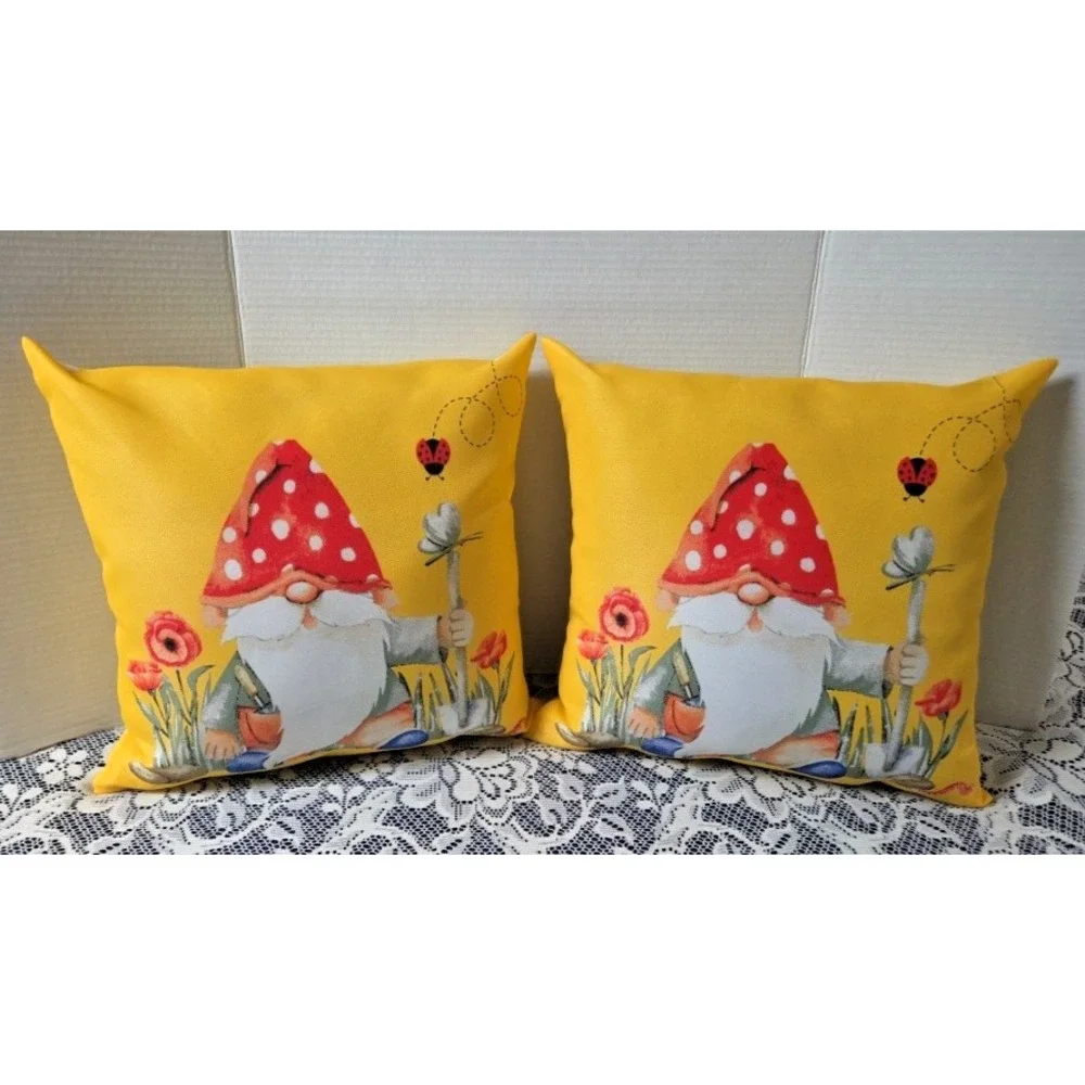 2 Throw Pillows Yellow Gnome Theme Indoor/Outdoor 16